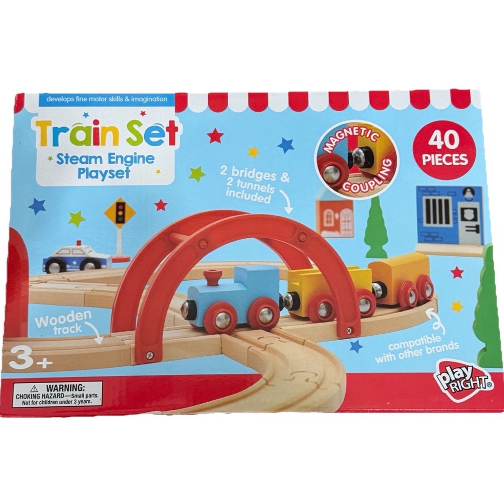 Playright 40pc Wooden/Plastic Train Set Steam Engine Playset Wooden Track 3+ NEW
